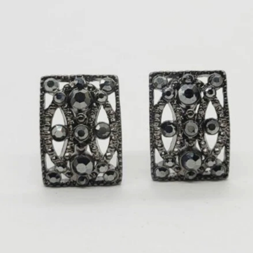 Vintage Monet Clip On Earrings Gunmetal Black Rhinestone Filigree